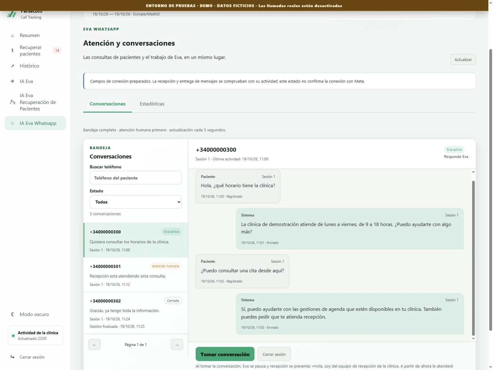 Bandeja real de EVA WhatsApp en Call Tracking con conversación y contactos ficticios.