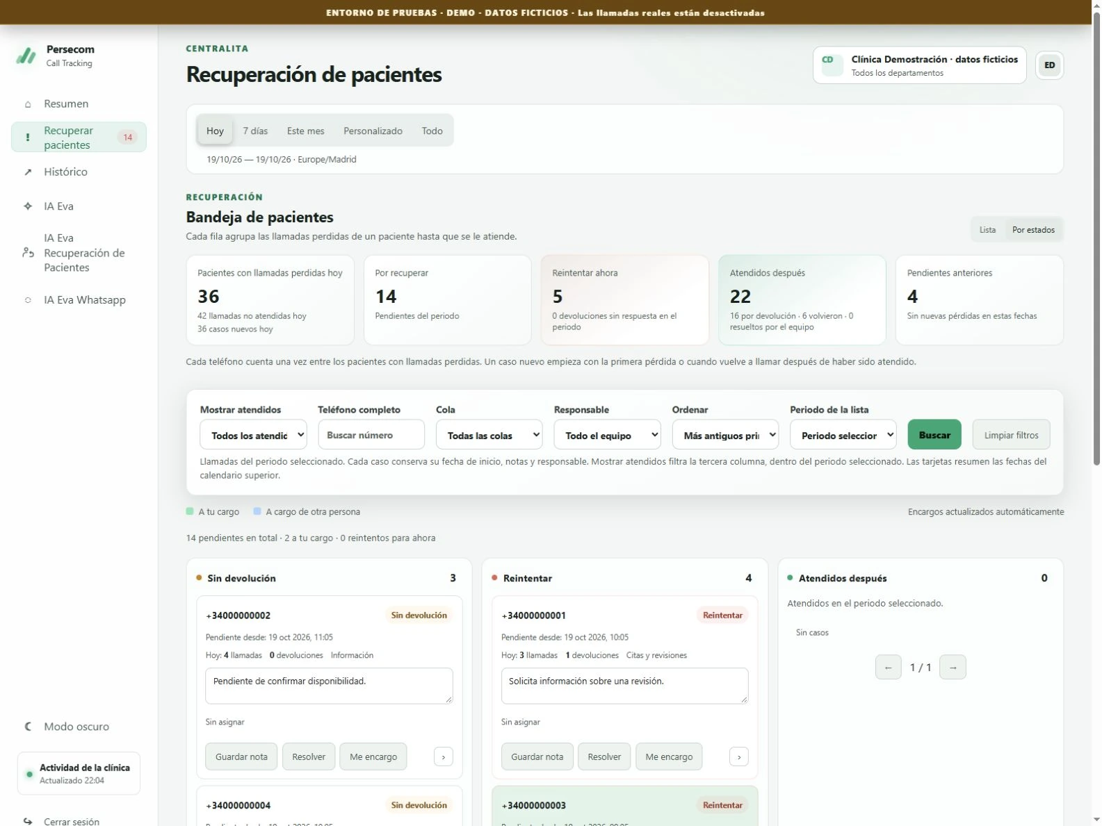 Vista real de llamadas pendientes en Call Tracking con registros de demostración.