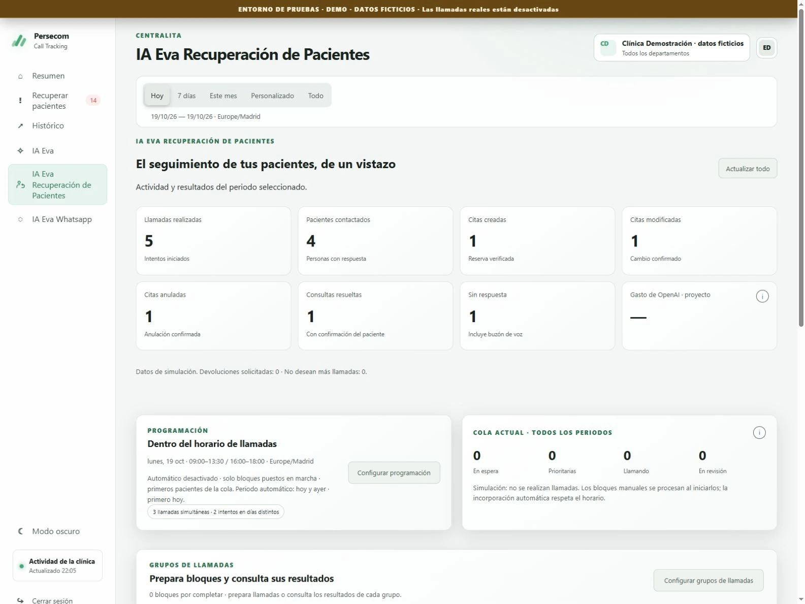 Vista real de recuperación de llamadas en Call Tracking con datos ficticios de seguimiento.